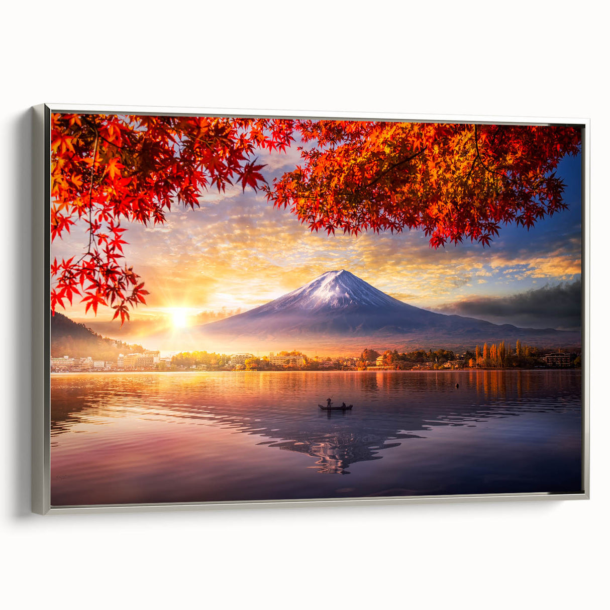 Framed canvas depicting a vintage-style Japanese landscape in colorful hues, ideal for living room decor.