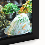 Extra large framed canvas of Seoul skyline in textured black with colorful accents, ideal for living room decor.