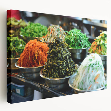 Seoul cityscape on large stretched canvas in muted earth tones, suitable for kitchen wall art.
