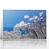 Art deco poster of a serene Korean landscape in muted green and blue tones on framed acrylic, ideal for nursery wall art.