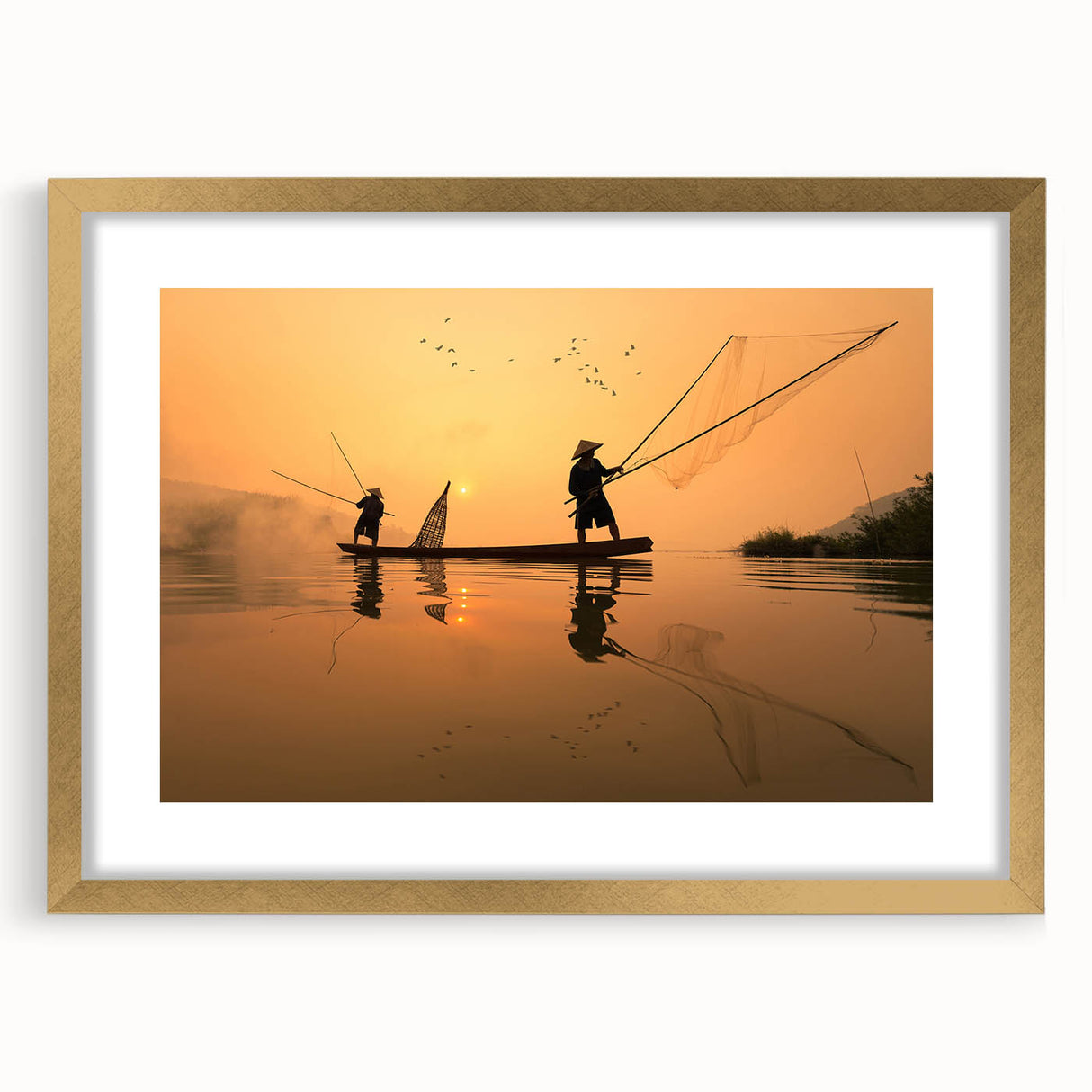 Extra large abstract art print featuring a textured scenery of Laos in muted earth tones, framed in gold.