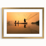 Extra large abstract art print featuring a textured scenery of Laos in muted earth tones, framed in gold.