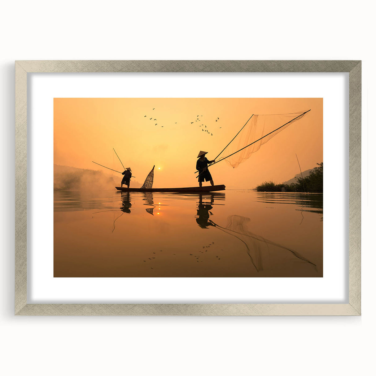Textured abstract art print depicting a serene Laos scenery in muted earth tones, framed in silver, ideal for bedroom art.