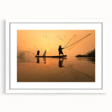 Abstract art print depicting a Laos landscape in muted earth tones on a framed white mat, suitable for dining room decor.