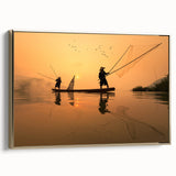 Framed canvas wall art featuring a vintage-style landscape painting of Laos with gold and black tones.