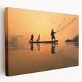 Large art print of a serene Laotian landscape on stretched canvas, featuring green and earth tones.