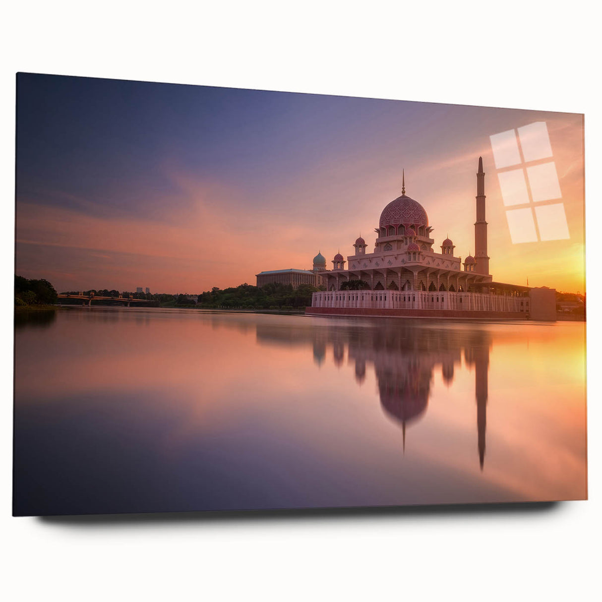 Large abstract wall art depicting Malaysian scenery in vibrant green and blue tones on acrylic glass.