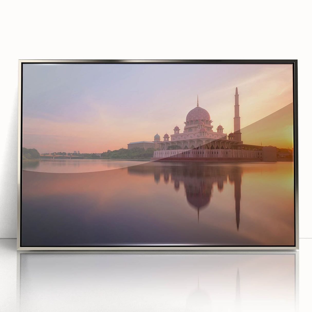Mid-century modernist art depicting a Malaysian landscape in muted earth tones on a silver-framed acrylic print.