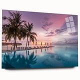 Large abstract wall art of a serene Maldivian beach scene in muted blue and green tones on acrylic glass.