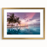 Extra large abstract art print of a serene Maldivian scenery in muted blue and white tones, framed in gold.