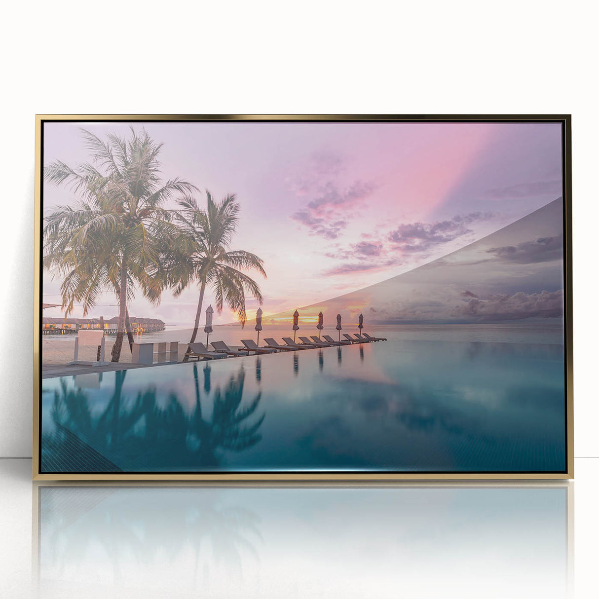 Large art print of a serene Maldives scenery in muted blue and white tones on framed acrylic.