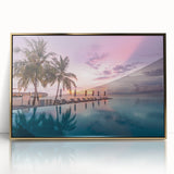 Large art print of a serene Maldives scenery in muted blue and white tones on framed acrylic.