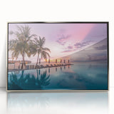 Mid-century modernist art depicting a serene Maldivian seascape, in cool blue and white tones, framed in silver acrylic.