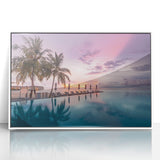 Acrylic print of a serene Maldives scenery in pastel shades, framed in white, suitable as modern art wall decor.