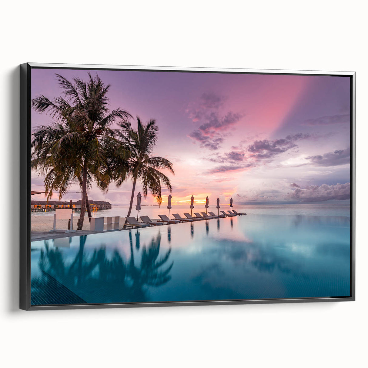 Black and white wall art featuring a serene Maldivian landscape on framed canvas, ideal for bedroom decor.