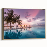 Framed canvas depicting a serene Maldivian landscape in muted blues and greens, ideal for bedroom wall art.