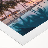 Art deco poster depicting a serene Maldivian beach scene on rolled canvas, ideal for dining room wall art.