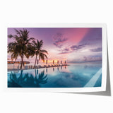 Extra large rolled print of a serene Maldivian beach scene in soft blue and white tones, ideal for dining room wall art.