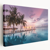 Side view of a stretched canvas depicting a serene Maldivian landscape in soft blue and white tones.