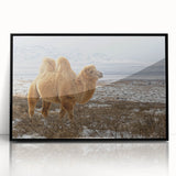 Large abstract wall art of a Mongolian landscape in muted earth tones, framed in black acrylic.