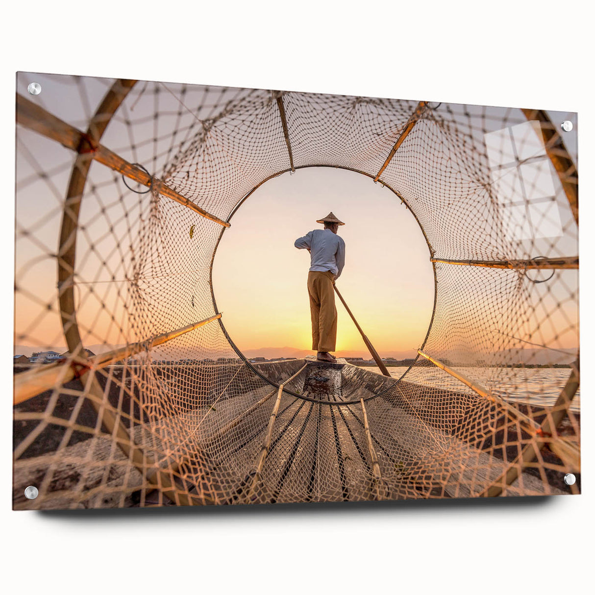 Acrylic print of a large abstract depiction of Myanmar scenery in earth tones, ideal for dining room decor.