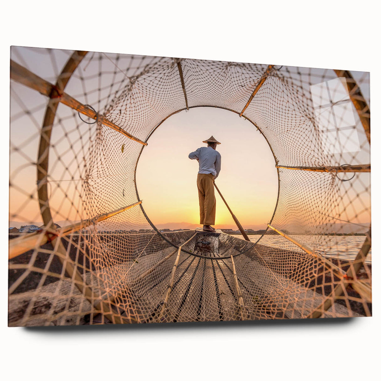 Large abstract wall art of a Myanmar scenery in muted earth tones on acrylic glass.
