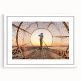 Abstract art print of a Myanmar landscape in muted earth tones on a framed white matte canvas.