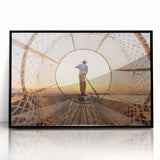 Large abstract wall art depicting a serene Myanmar landscape in earth tones on a framed acrylic print.