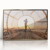 Framed acrylic print of a Myanmar landscape in gold and green tones, ideal for modern art wall decor.