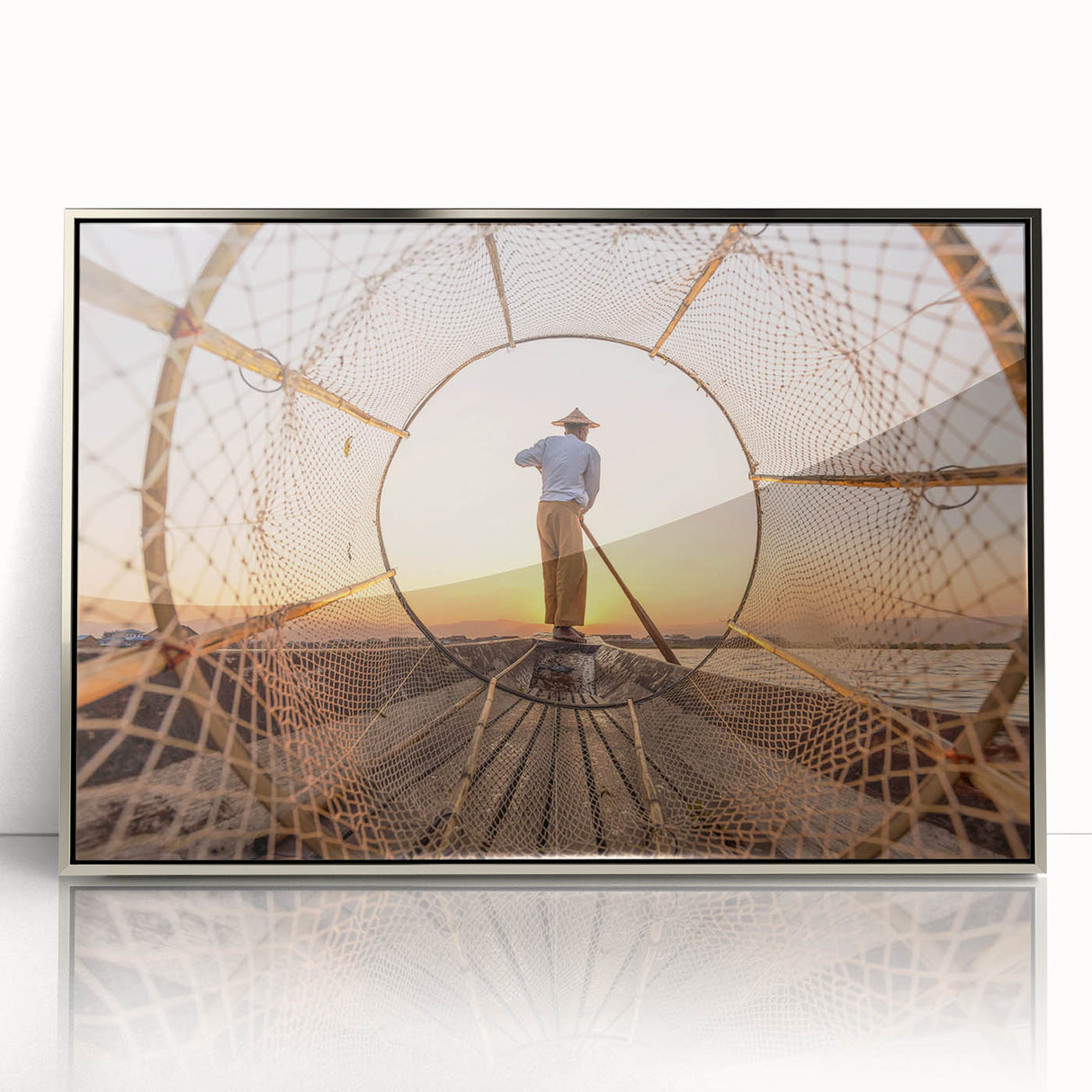 Mid-century modernist art depicting Myanmar scenery in muted earth tones on a silver-framed acrylic print.