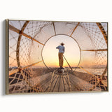 Framed canvas depicting a vintage-style landscape of Myanmar in black and gold, ideal for bedroom wall art.