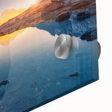 Large abstract wall art featuring a mid-century modernist style scene of Nepal, in muted earth tones, on acrylic glass.