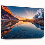 Large abstract wall art depicting a serene Nepalese landscape in muted earth tones on acrylic glass.