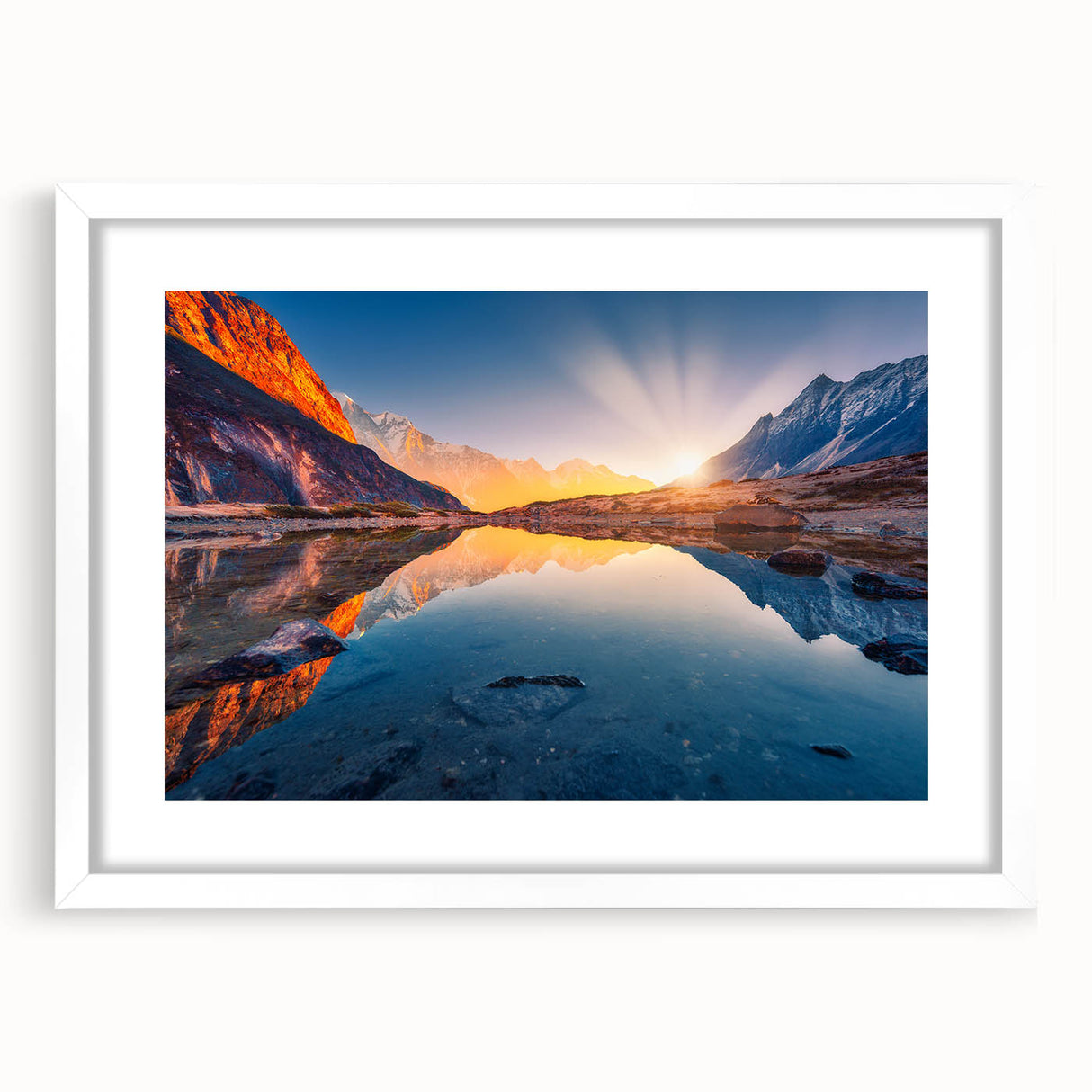 Abstract art print of a Nepalese landscape in muted earth tones on a white framed poster, suitable for dining room decor.