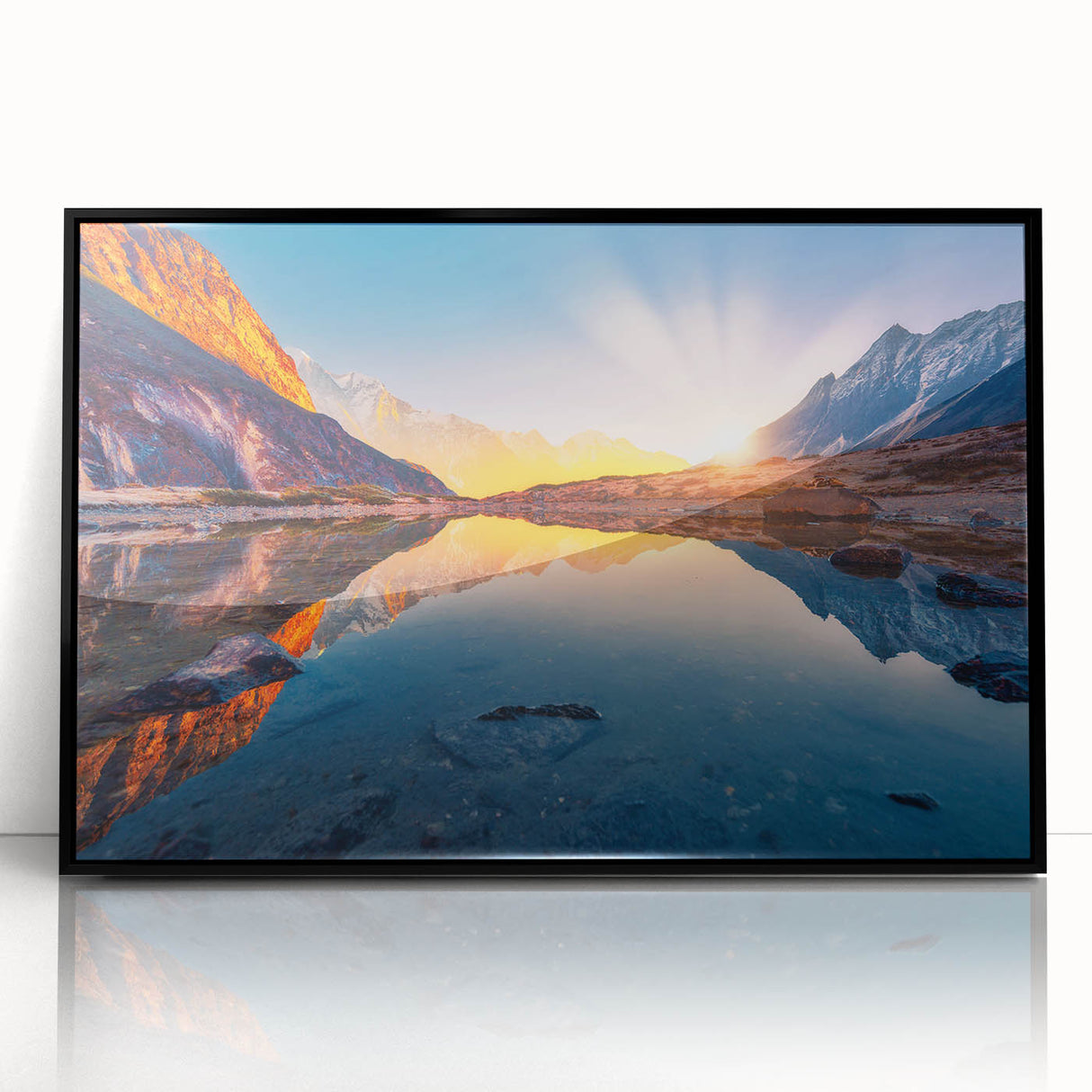 Large abstract wall art featuring a stylized Nepal scenery in muted earth tones on a framed acrylic.