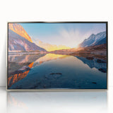 Mid-century modernist art depicting a serene Nepalese landscape in soft earth tones, framed in silver acrylic.