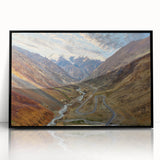 Large abstract wall art depicting a scenic view in Pakistan, in a mid-century modernist style, framed in black acrylic.