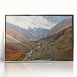 Mid-century modernist art depicting a scenic view of Pakistani landscape in muted earth tones on a framed acrylic print.