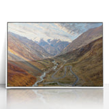 Acrylic print of a serene Pakistani landscape in soft pastel colors, framed in white, suitable for nursery wall art.