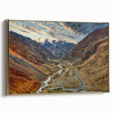 Framed canvas depicting a vintage-style Pakistani landscape in muted gold and black tones, ideal for bedroom wall decor.