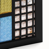 Black wall art featuring a textured, colorful abstract design on a framed canvas, ideal for living room decor.