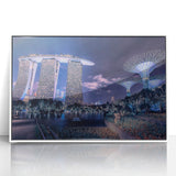 Acrylic print of Singapore skyline in monochrome, framed in white, suitable for modern art wall decor.