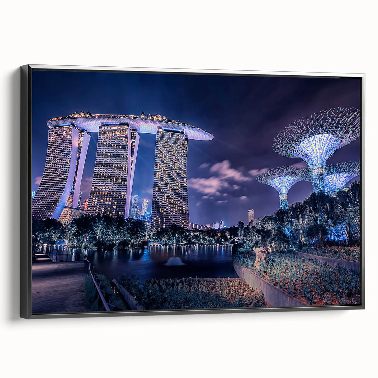 Black and white framed canvas of Singapore skyline, featuring vintage poster art style, ideal for bedroom wall decor.
