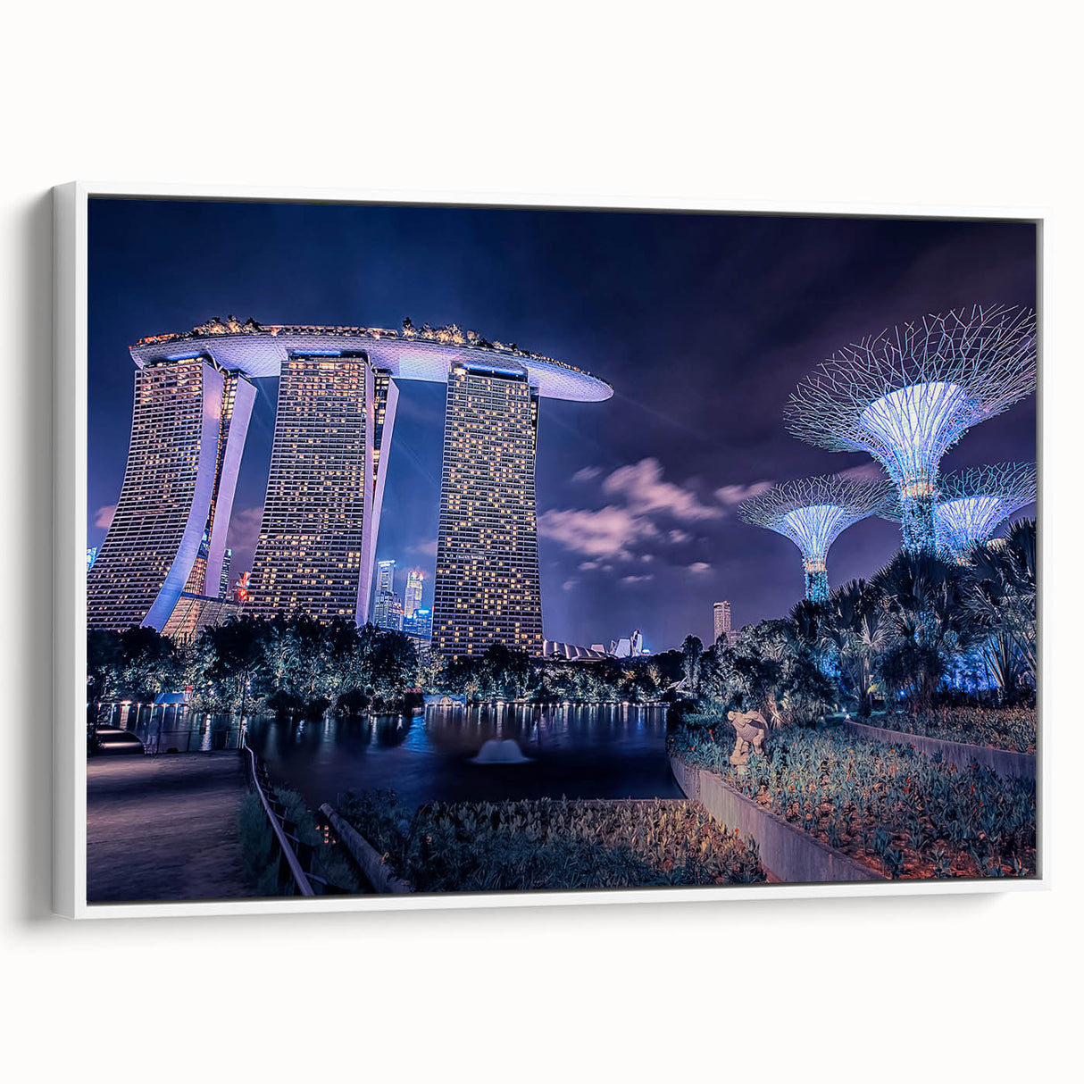 Vintage poster art of Singapore skyline in colorful hues on extra large framed canvas, ideal for living room decor.