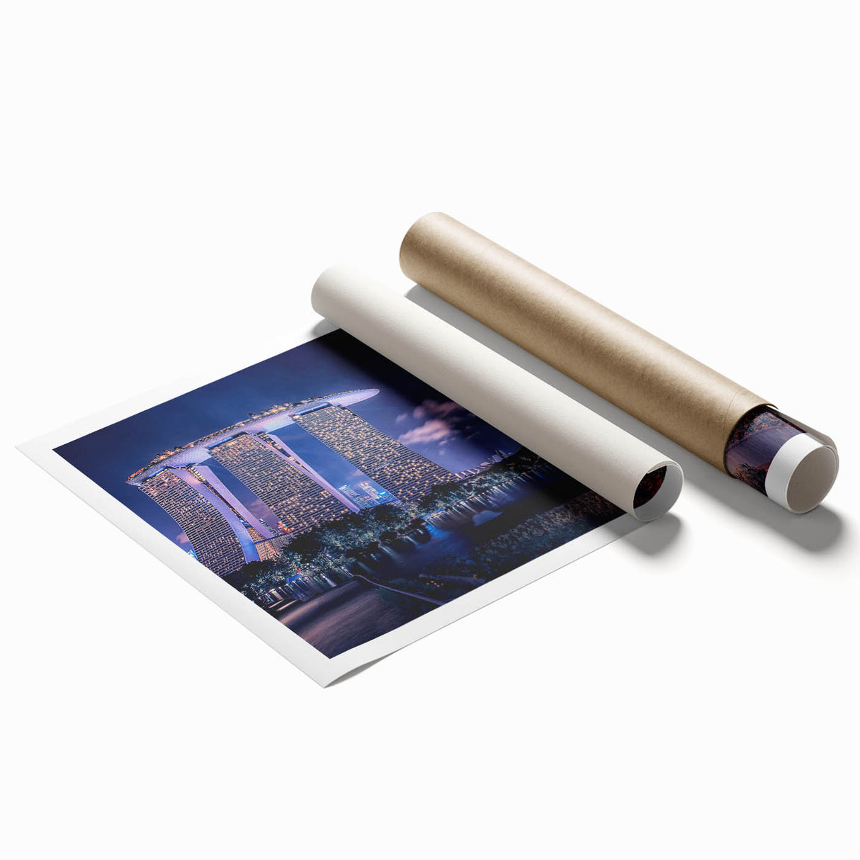 Extra large rolled print of Singapore skyline with vibrant floral foreground, ideal for classy bathroom wall art.