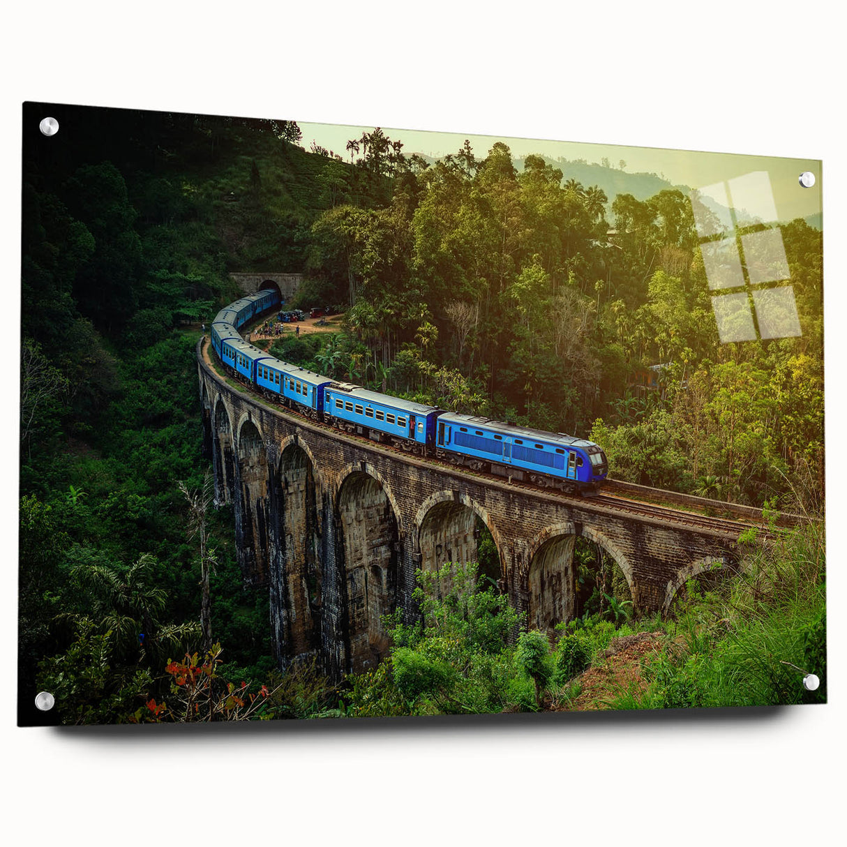 Acrylic print of a large abstract depiction of Sri Lankan scenery in vibrant green and blue tones.
