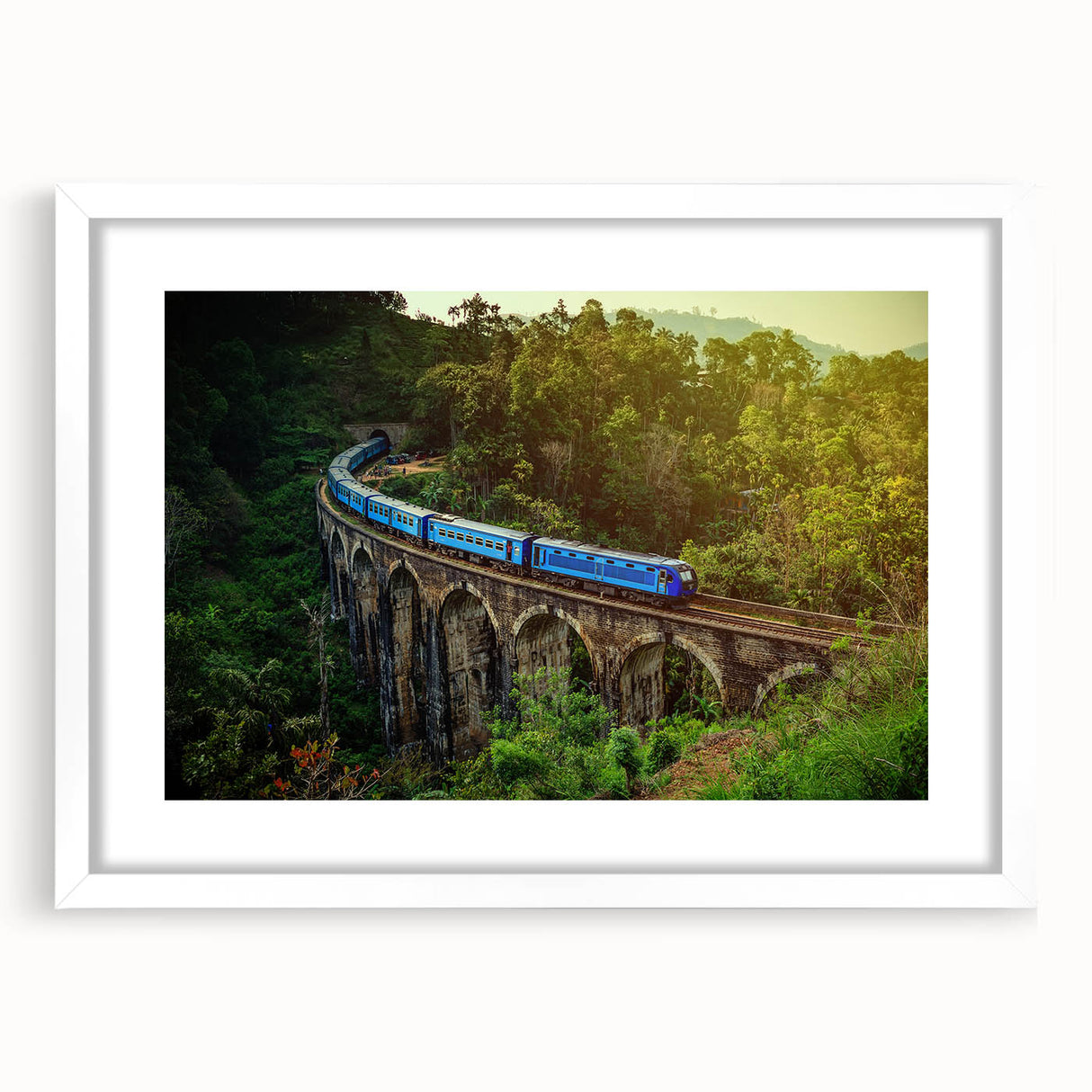 Abstract art print of a Sri Lankan landscape in muted earth tones on a framed white mat, ideal for dining room decor.