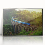 Mid-century modernist art depicting a serene Sri Lankan landscape in muted green and blue tones, framed acrylic print.