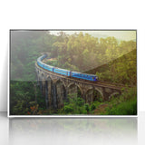 Art deco poster of a Sri Lankan landscape in muted green and brown tones, framed acrylic, ideal for modern nursery decor.