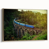 Framed canvas featuring a vintage-style landscape painting of Sri Lankan scenery in muted gold and black tones.